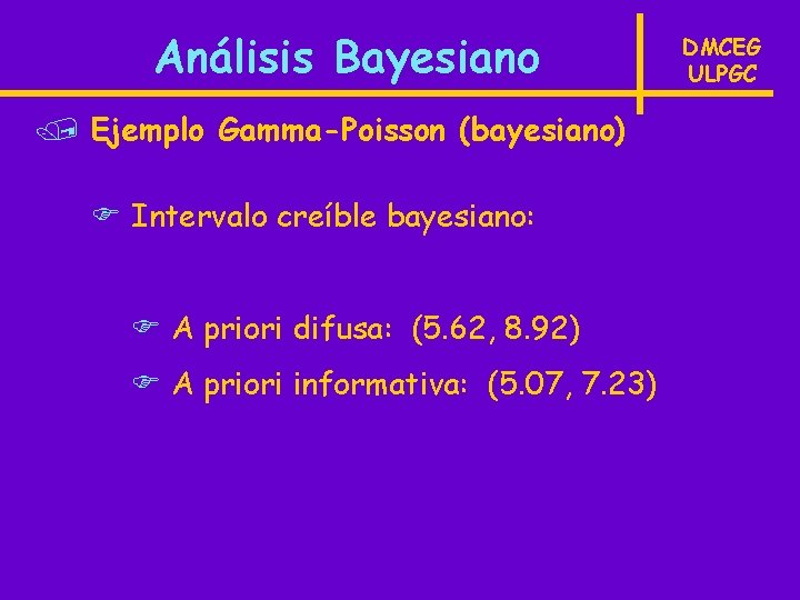Análisis Bayesiano / Ejemplo Gamma-Poisson (bayesiano) Intervalo creíble bayesiano: A priori difusa: (5. 62,