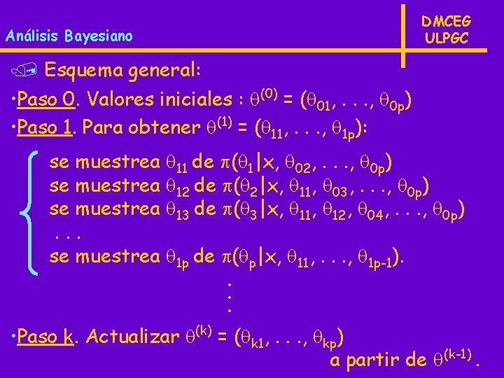 DMCEG ULPGC Análisis Bayesiano / Esquema general: • Paso 0. Valores iniciales : (0)