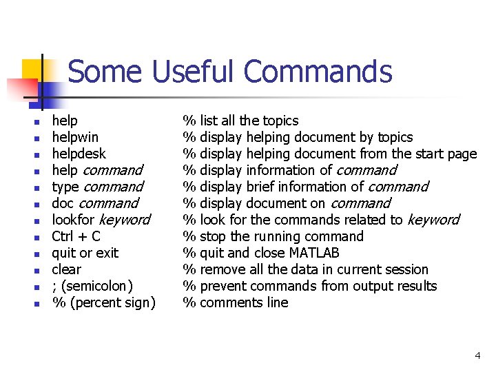 Some Useful Commands n n n helpwin helpdesk help command type command doc command Some Useful Commands n n n helpwin helpdesk help command type command doc command