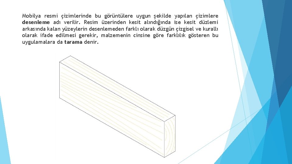 Mobilya resmi çizimlerinde bu görüntülere uygun şekilde yapılan çizimlere desenleme adı verilir. Resim üzerinden