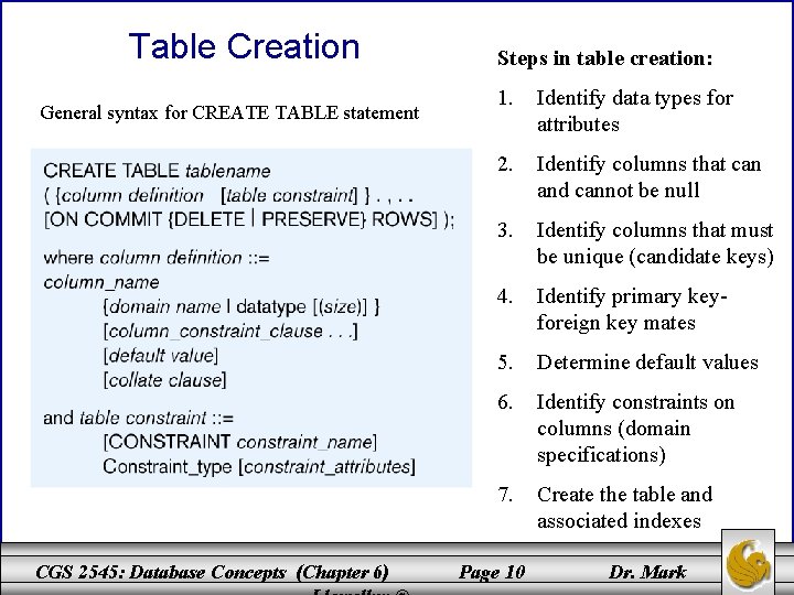 Table Creation General syntax for CREATE TABLE statement CGS 2545: Database Concepts (Chapter 6)