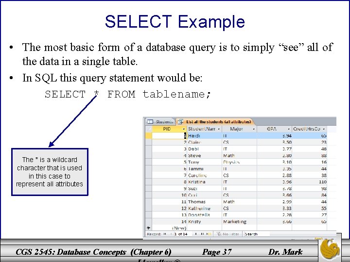 SELECT Example • The most basic form of a database query is to simply