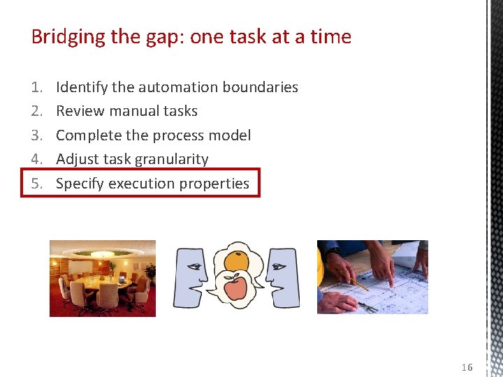 Bridging the gap: one task at a time 1. 2. 3. 4. 5. Identify