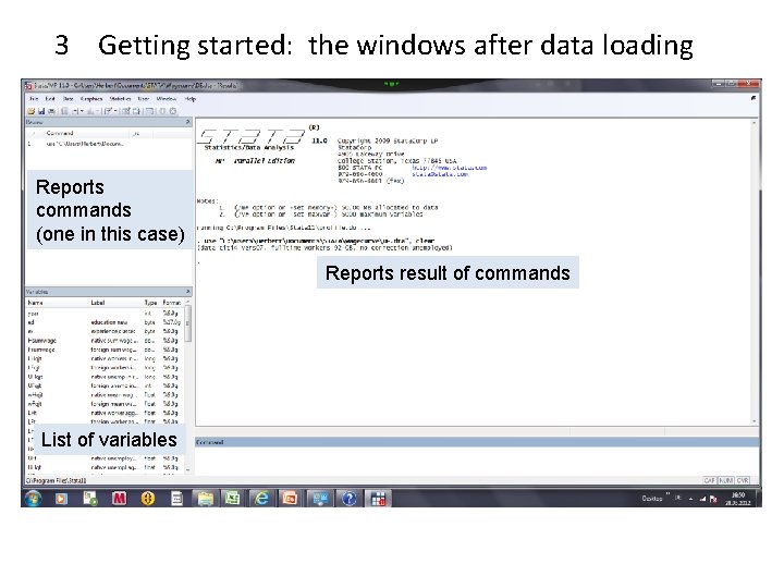 3 Getting started: the windows after data loading Reports commands (one in this case)