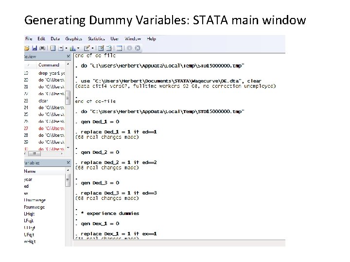 Generating Dummy Variables: STATA main window 