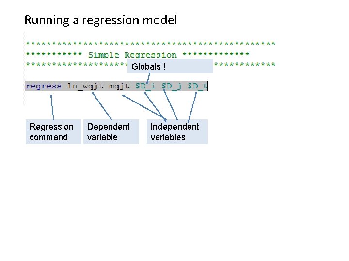 Running a regression model Globals ! Regression command Dependent variable Independent variables 