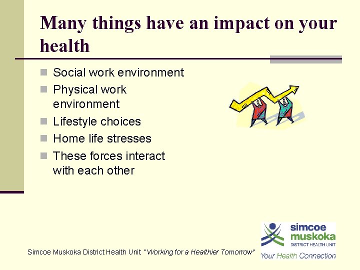 Many things have an impact on your health n Social work environment n Physical