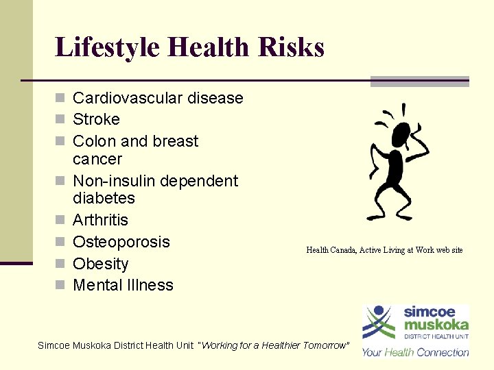 Lifestyle Health Risks n Cardiovascular disease n Stroke n Colon and breast n n