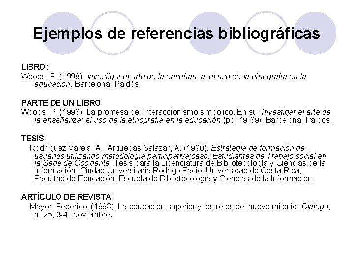 Ejemplos de referencias bibliográficas LIBRO: Woods, P. (1998). Investigar el arte de la enseñanza: