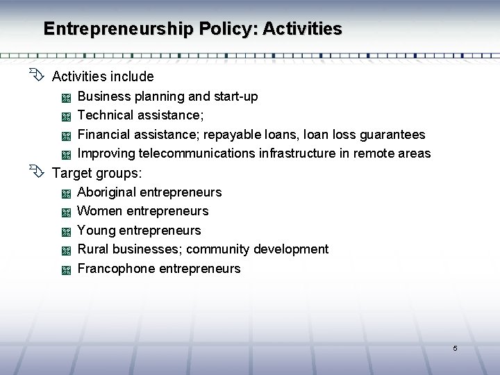 Entrepreneurship Policy: Activities Ê Activities include Ì Ì Ê Business planning and start-up Technical