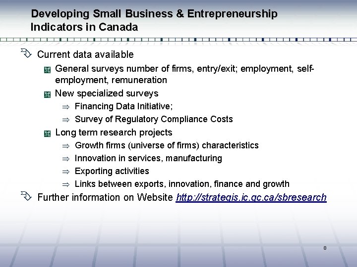 Developing Small Business & Entrepreneurship Indicators in Canada Ê Current data available Ì Ì