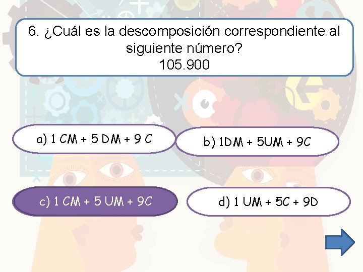 6. ¿Cuál es la descomposición correspondiente al siguiente número? 105. 900 a) 1 CM