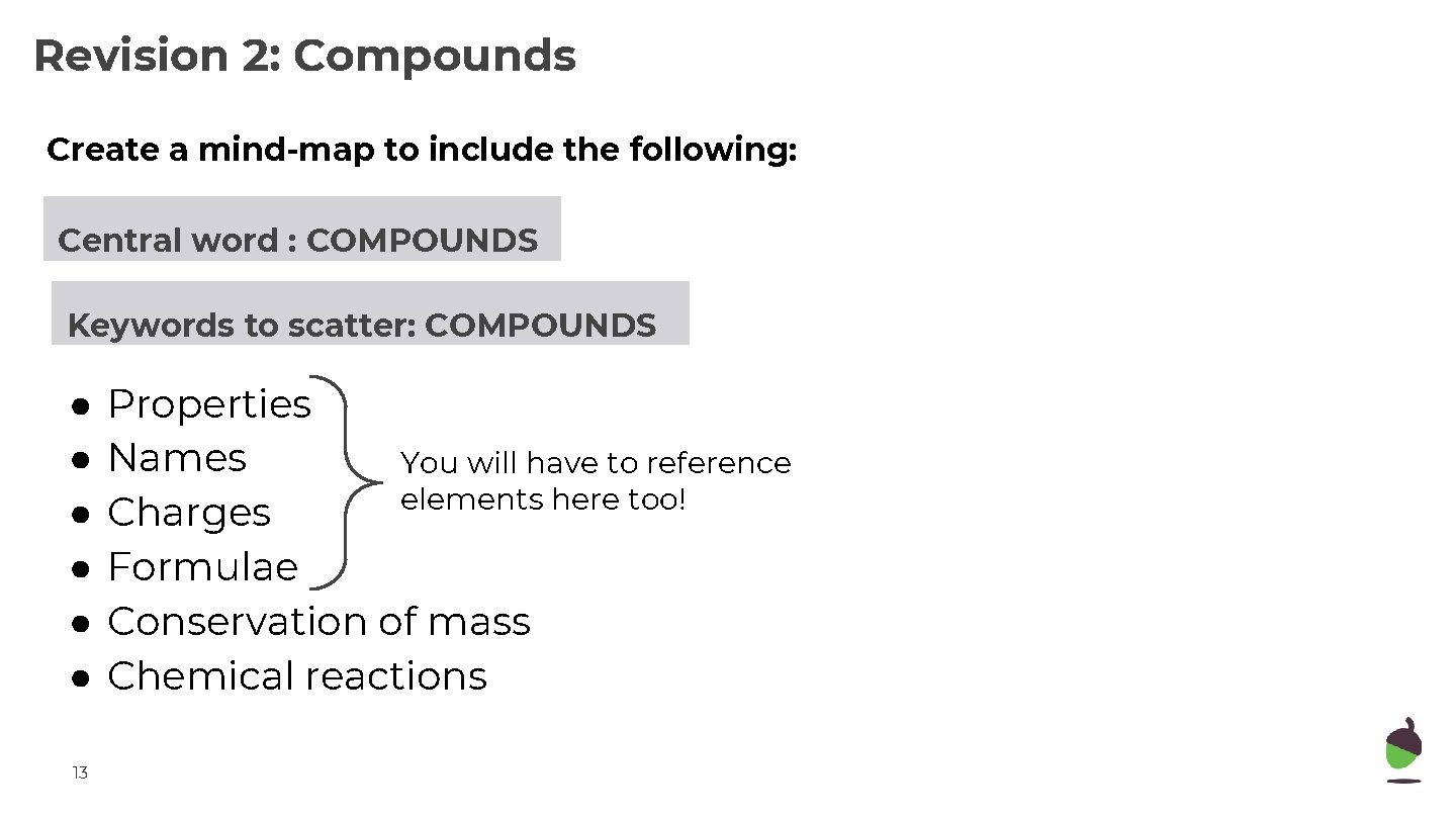 Revision 2: Compounds Create a mind-map to include the following: Central word : COMPOUNDS