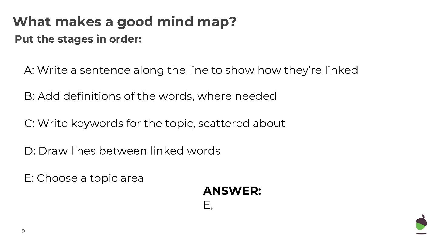 What makes a good mind map? Put the stages in order: A: Write a