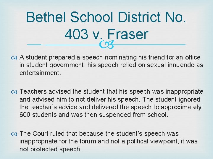 Bethel School District No. 403 v. Fraser A student prepared a speech nominating his