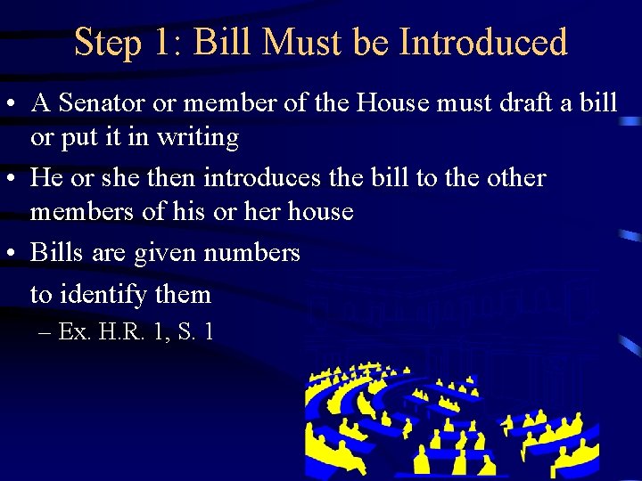 Step 1: Bill Must be Introduced • A Senator or member of the House