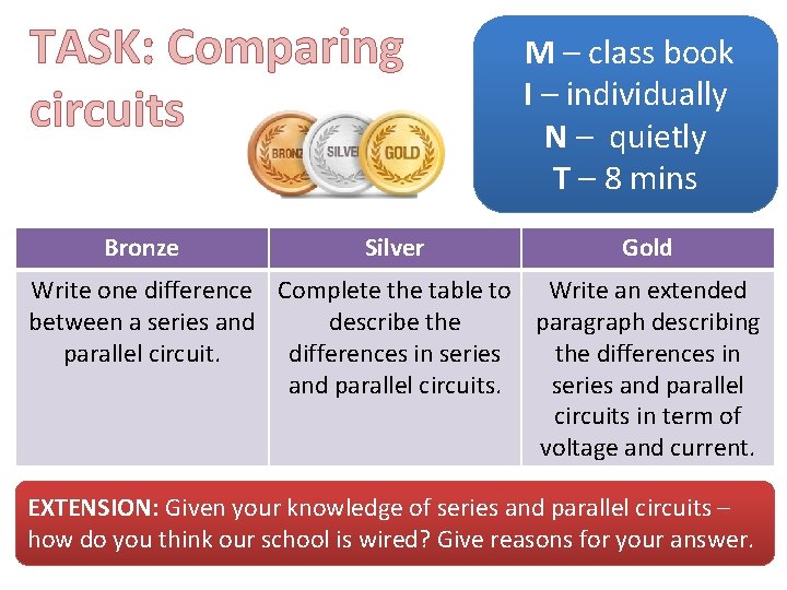 TASK: Comparing circuits Bronze Silver M – class book I – individually N –