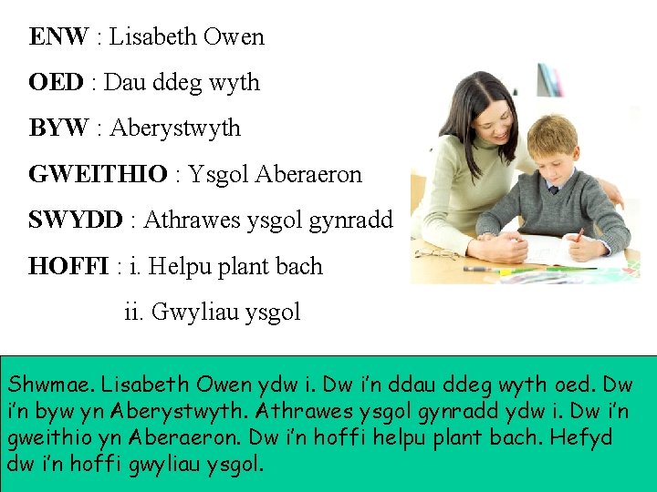 ENW : Lisabeth Owen OED : Dau ddeg wyth BYW : Aberystwyth GWEITHIO :