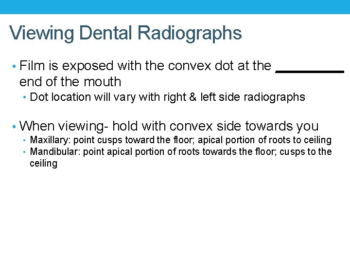 Viewing Dental Radiographs • Film is exposed with the convex dot at the _____