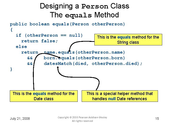 Designing a Person Class The equals Method public boolean equals(Person other. Person) { if