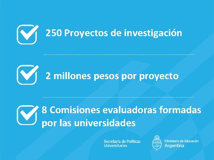 250 Proyectos de investigación 2 millones pesos por proyecto 8 Comisiones evaluadoras formadas por