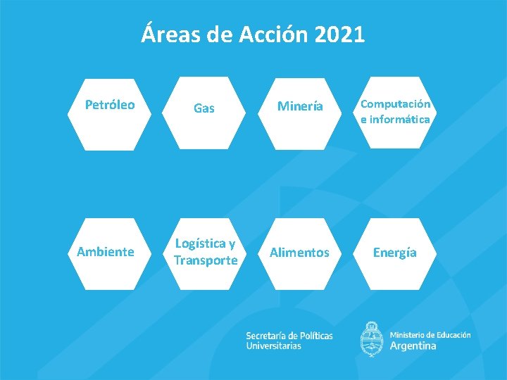 Áreas de Acción 2021 Petróleo Ambiente Gas Minería Computación e informática Logística y Transporte