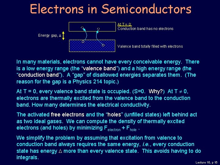 Electrons in Semiconductors At T = 0: Conduction band has no electrons Energy gap,