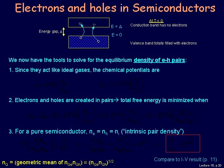 Electrons and holes in Semiconductors Energy gap, D E=D At T = 0: Conduction
