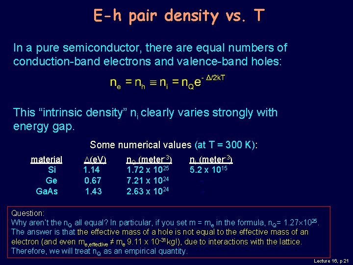 E-h pair density vs. T In a pure semiconductor, there are equal numbers of