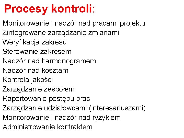 Procesy kontroli: Monitorowanie i nadzór nad pracami projektu Zintegrowane zarządzanie zmianami Weryfikacja zakresu Sterowanie