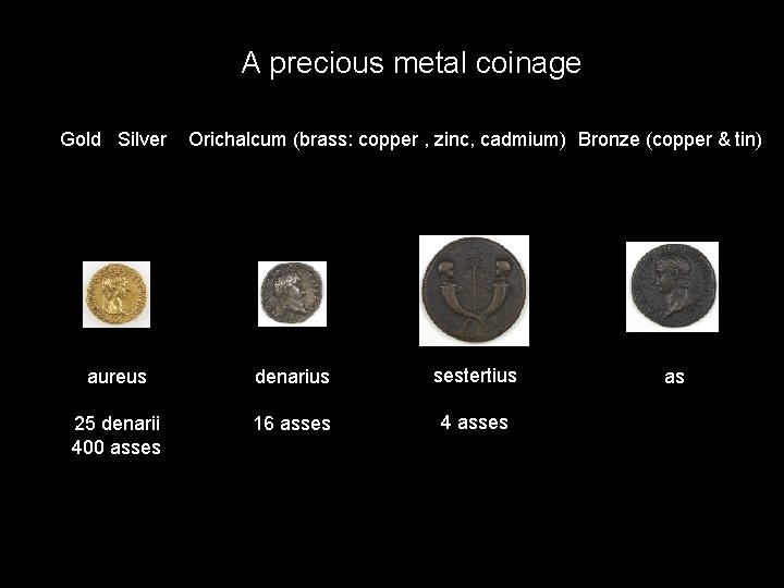 A precious metal coinage Gold Silver Orichalcum (brass: copper , zinc, cadmium) Bronze (copper