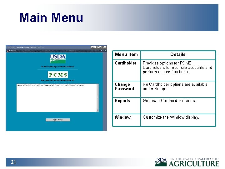 Main Menu 21 Menu Item Details Cardholder Provides options for PCMS Cardholders to reconcile