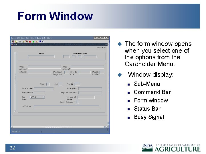 Form Window u u The form window opens when you select one of the