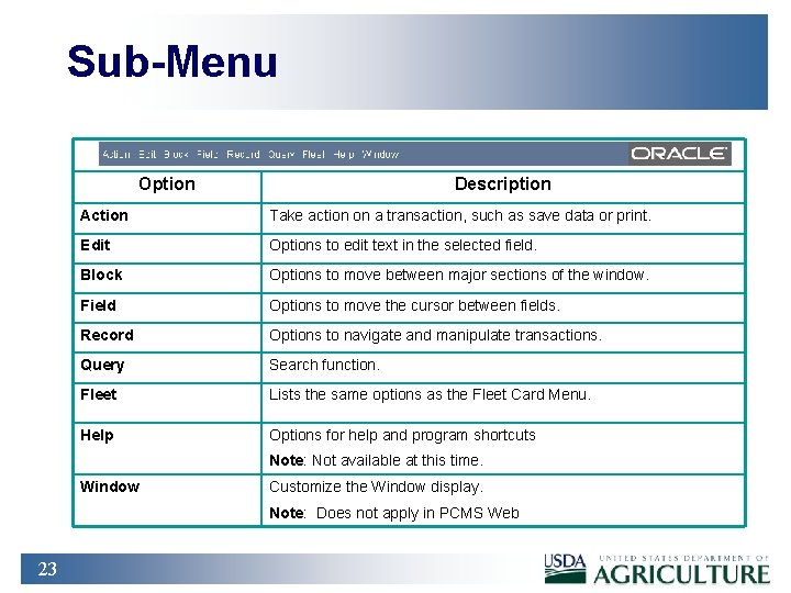 Sub-Menu Option Description Action Take action on a transaction, such as save data or