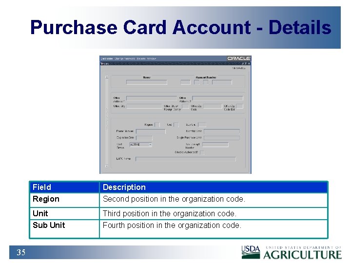 Purchase Card Account - Details 35 Field Description Region Second position in the organization