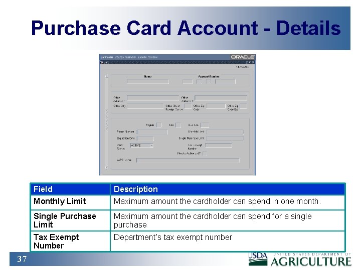 Purchase Card Account - Details 37 Field Description Monthly Limit Maximum amount the cardholder