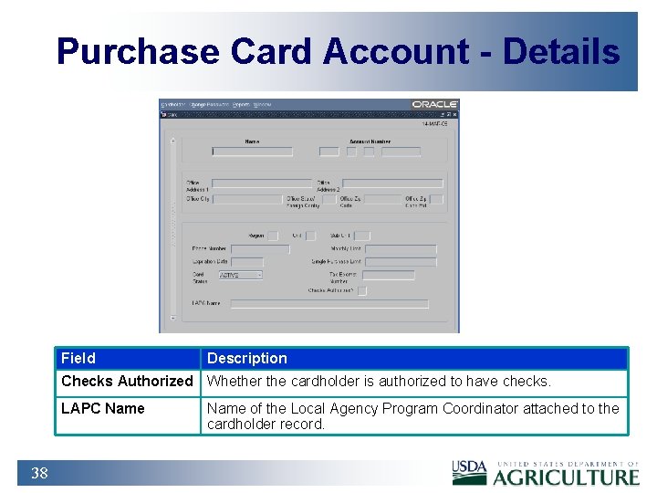 Purchase Card Account - Details Field Description Checks Authorized Whether the cardholder is authorized