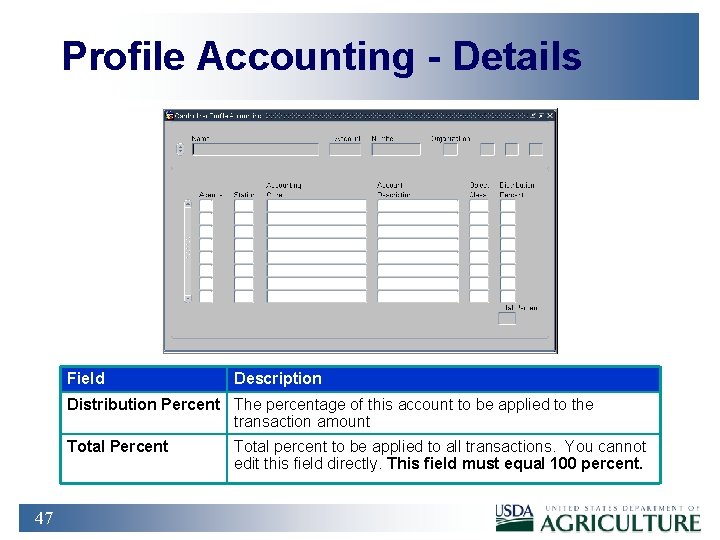 Profile Accounting - Details Field Description Distribution Percent The percentage of this account to