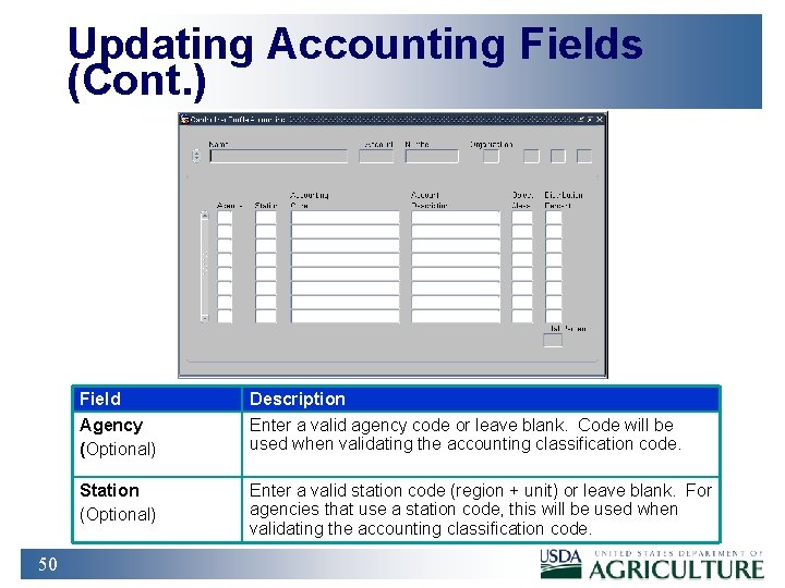 Updating Accounting Fields (Cont. ) 50 Field Description Agency (Optional) Enter a valid agency