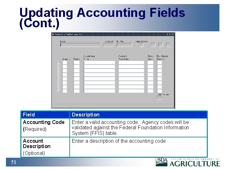 Updating Accounting Fields (Cont. ) 51 Field Description Accounting Code (Required) Enter a valid