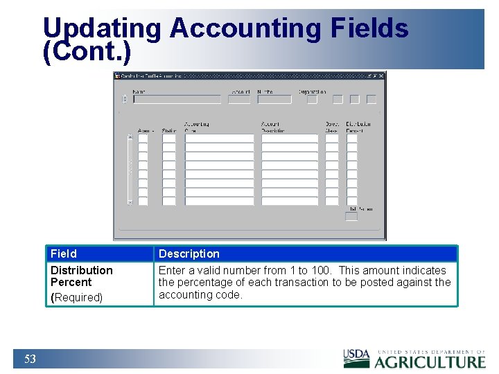 Updating Accounting Fields (Cont. ) 53 Field Description Distribution Percent (Required) Enter a valid