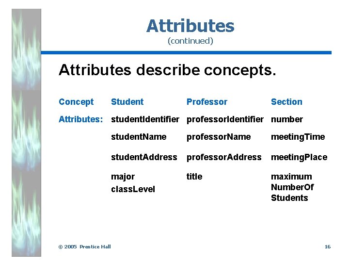 Attributes (continued) Attributes describe concepts. Concept Student Professor Section Attributes: student. Identifier professor. Identifier