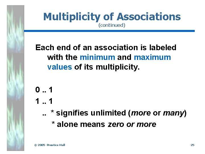 Multiplicity of Associations (continued) Each end of an association is labeled with the minimum