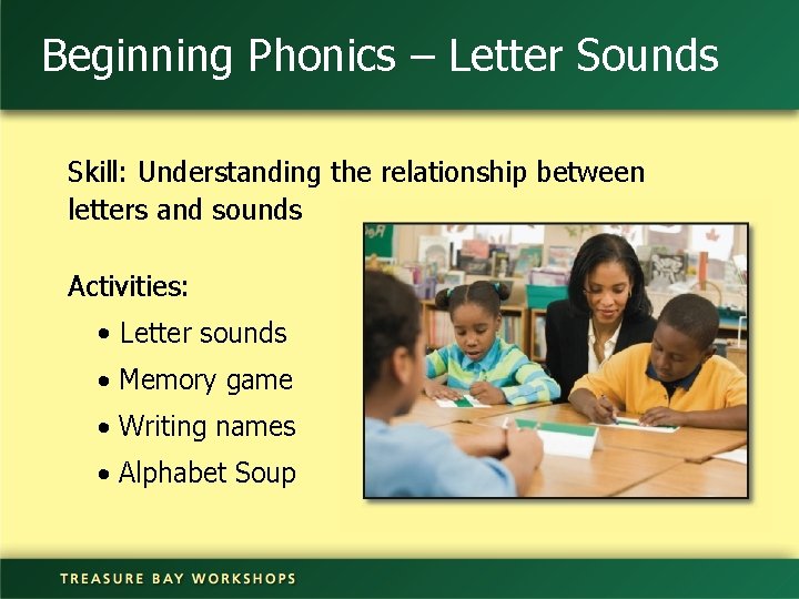 Beginning Phonics – Letter Sounds Skill: Understanding the relationship between letters and sounds Activities: