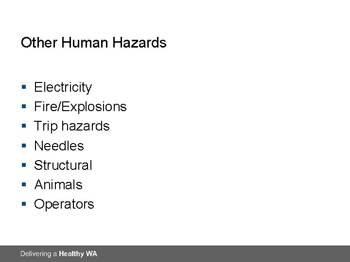 Other Human Hazards § § § § Electricity Fire/Explosions Trip hazards Needles Structural Animals