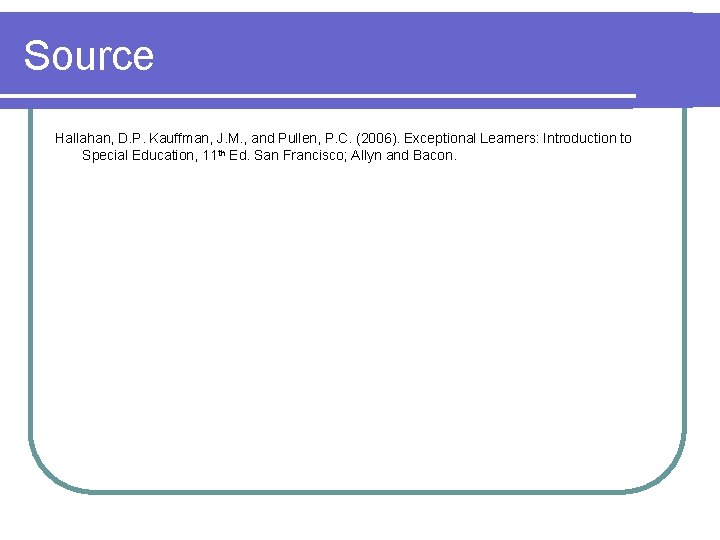 Source Hallahan, D. P. Kauffman, J. M. , and Pullen, P. C. (2006). Exceptional