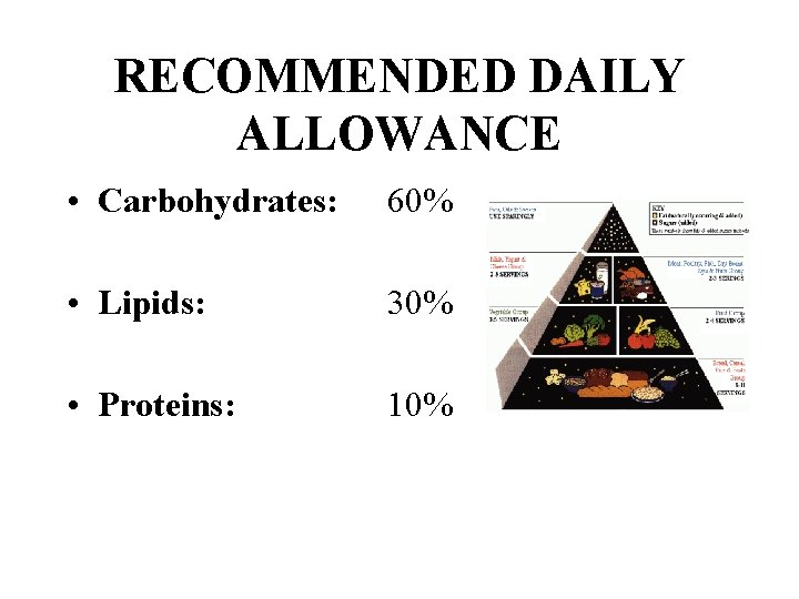 RECOMMENDED DAILY ALLOWANCE • Carbohydrates: 60% • Lipids: 30% • Proteins: 10% 