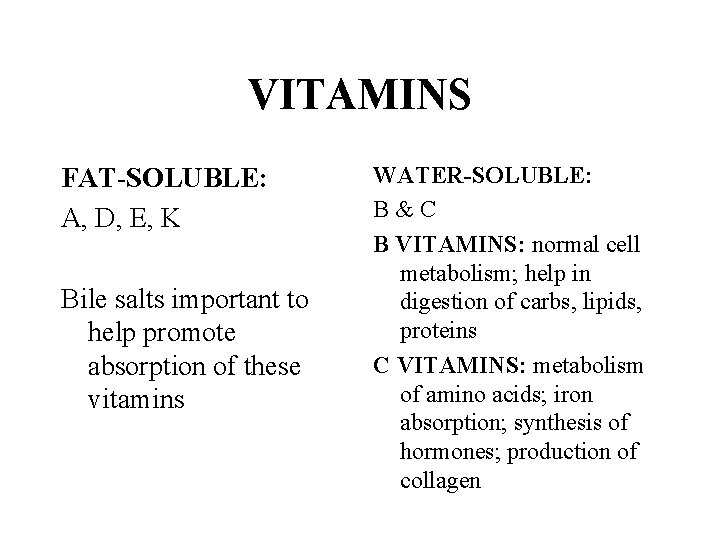 VITAMINS FAT-SOLUBLE: A, D, E, K Bile salts important to help promote absorption of