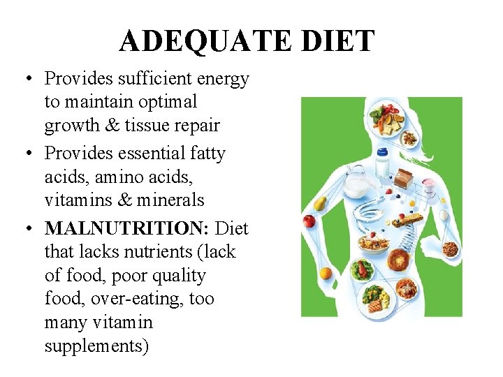 ADEQUATE DIET • Provides sufficient energy to maintain optimal growth & tissue repair •