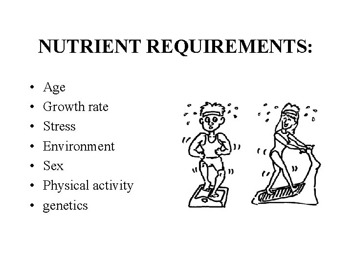 NUTRIENT REQUIREMENTS: • • Age Growth rate Stress Environment Sex Physical activity genetics 